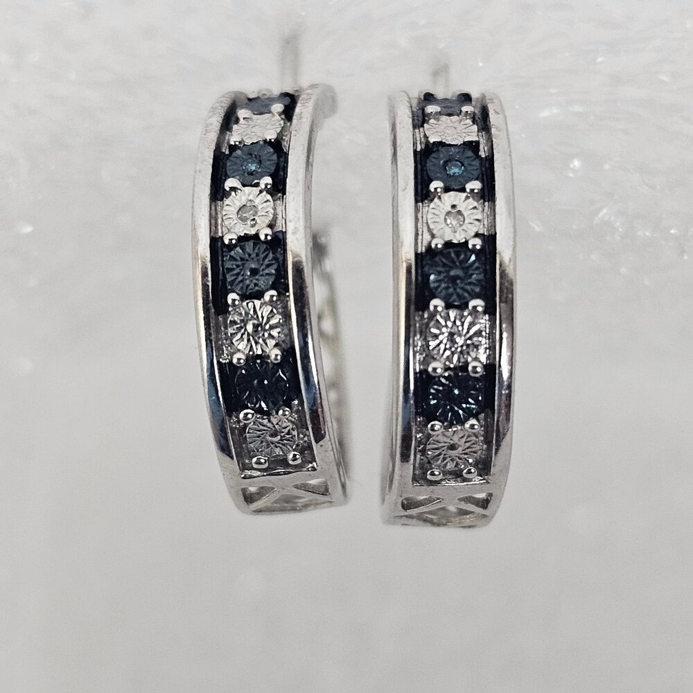 JWBR Sterling Silver 925 Genuine Blue White Diamond Accent‎ Small Hoop Earrings